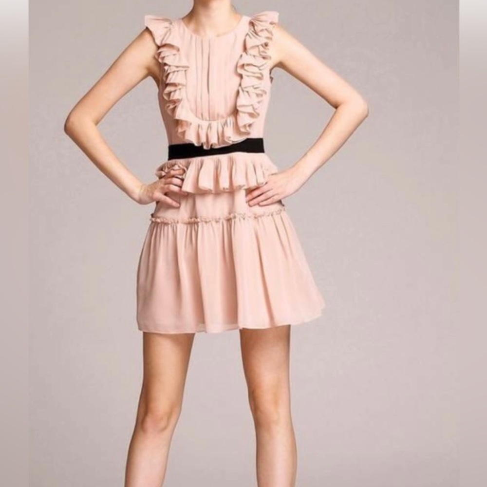 BCBGMAXAZRIA Britt Pleated Ruffle Dress Rose Cream, back is cut out with zipper